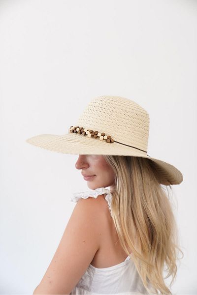 Niloshka Axel Beige Brown Bead Detailed Women's Straw Hat