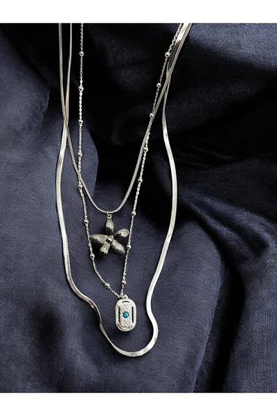 Lunays Stainless Steel 3-Piece Asian Model Chain Women's Necklace Silver Color