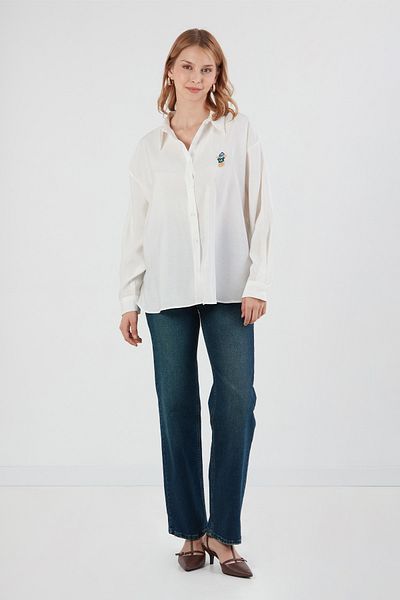 Fulla Moda Teddy Bear Embroidered Long Sleeve Oversize Modal Shirt