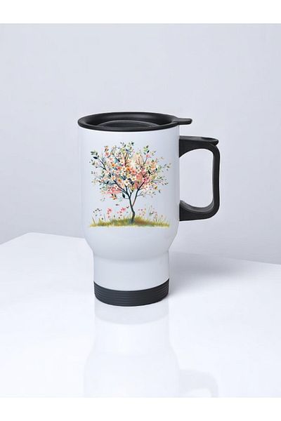 lili hediyelik Floral Tree Printed Steel Cup Thermos with Handle 450 ml