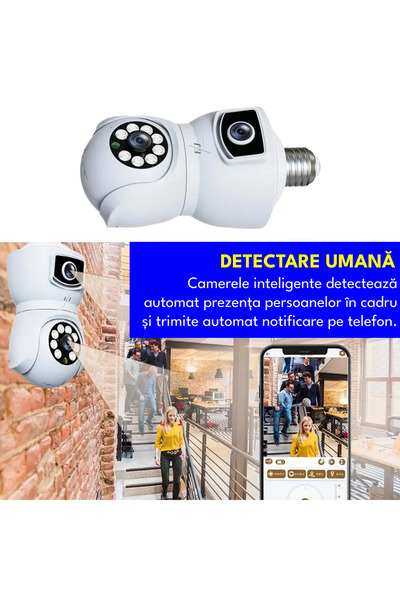 Spionescu Cameră de supraveghere cu două becuri, E9, V380 PRO, 4MP, panoramică 360°, 1080P, port microSD