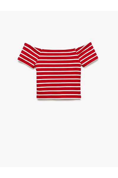 Koton New Season Cotton Short Sleeve Off-The-Shoulder Striped Madonna Collar T-Shirt