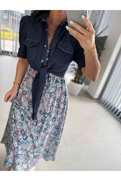 caddstore Bb 29948 Denim Detaylı Önden Bağlamalı Elbise