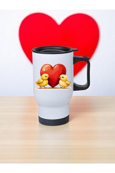 lili hediyelik Heart and Chicks Printed Steel Cup Thermos with Handle 450 ml