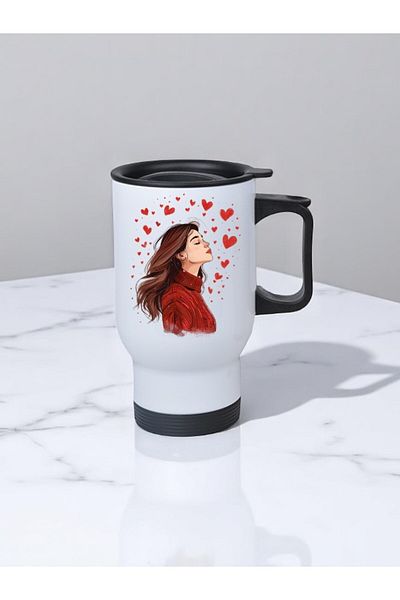 lili hediyelik Heart Women's Printed Handled Steel Cup Thermos 450 ml