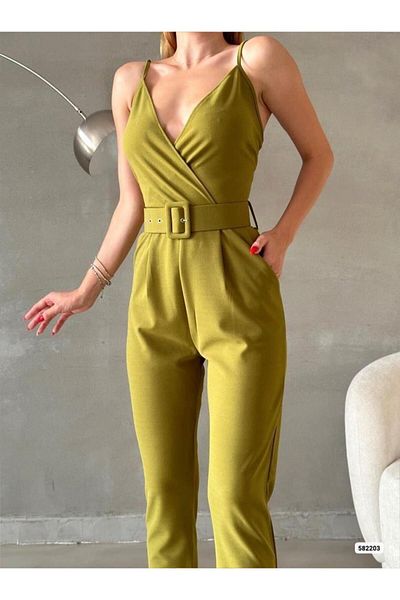 Modafeminen Imported Crepe Fabric Belted Jumpsuit Pistachio Green 582203
