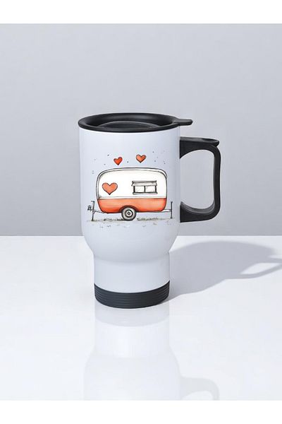 lili hediyelik Heart and Caravan Printed Steel Cup Thermos with Handle 450 ml