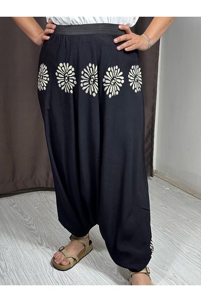 Sobe Hediyelik Black Hand Printed Adana Shalwar – Relaxed Fit, Wide Leg, Ethnic Patterned Summer Trousers