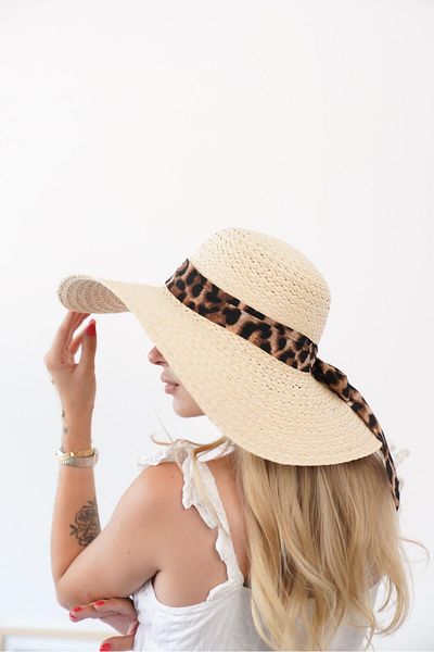 Niloshka Lina Beige Leopard Detailed Women's Straw Hat