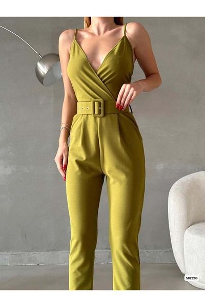 Modafeminen Imported Crepe Fabric Belted Jumpsuit Pistachio Green 582203