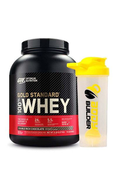 Optimum Nutrition مسحوق بروتين مصل اللبن جولد ستاندرد ١٠٠٪ - نكهة الشوكولاتة الغنية المزدوجة، ٥ أرطال، مع مشروب بناء الجسم