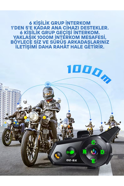 howear D2-6X 1000M Mesafeli 6 Kanallı İntercom Bluetooth Motosiklet Kask Kulaklığı İntercom Kulaklık