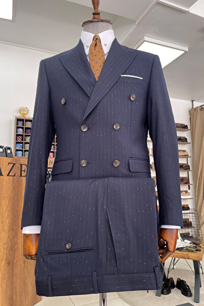 NAZEF Özel Tasarım Dar Kesim Sivri Yaka Çizgili Kruvaze Lacivert Takım Elbise ( Sınırlı Stok )