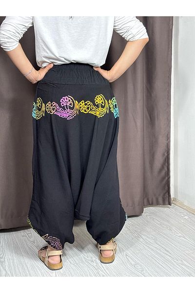 Sobe Hediyelik Black Hand Printed Adana Shalwar – Relaxed Fit, Wide Leg, Ethnic Patterned Summer Trousers