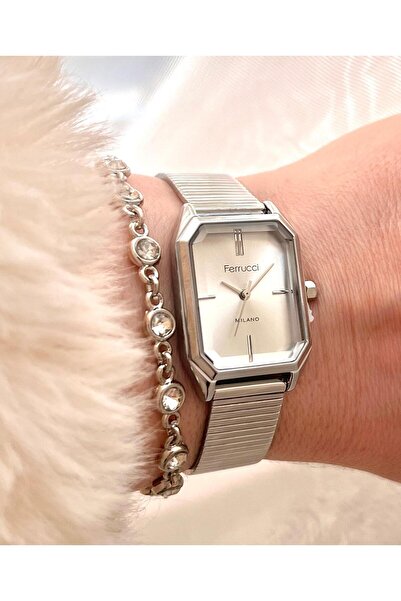 Ferrucci Dikdörtgen Kasa Hasır Şık Çelik Kordon Kadın Kol Saati+Bileklik