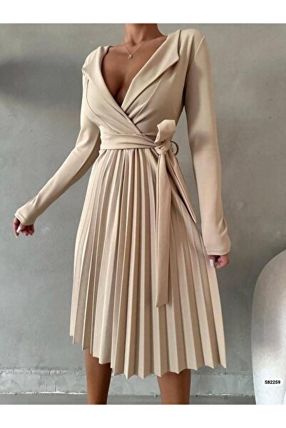 Modafeminen Μακρυμάνικο κρεπ ύφασμα πλισέ φόρεμα με ζώνη μπεζ 582259