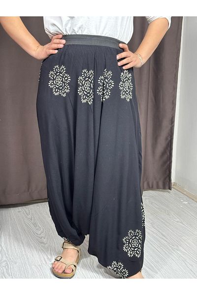 Sobe Hediyelik Black Hand Printed Adana Shalwar – Relaxed Fit, Wide Leg, Ethnic Patterned Summer Trousers