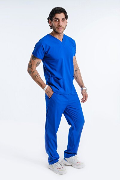 LİZY STORE Saks Blue Classic Men's Bat Sleeve Uniform Suit Scrubs Doctor Nurse Uniform Suit