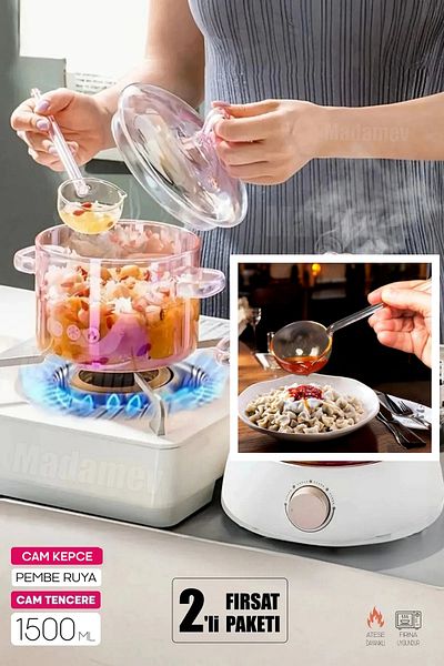Tilbe Home Pink Glass Pot with Glass Ladle 1500Cc Heat Resistant Borosilicate 2-Piece Glass Set Thermisil Cooktop