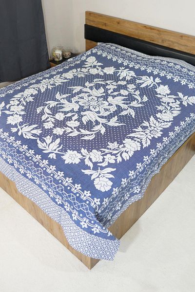 Defne&Apollon İpekçilik 100% Cotton Hand Woven Bird Patterned Pique 190 X 225 cm - Blue