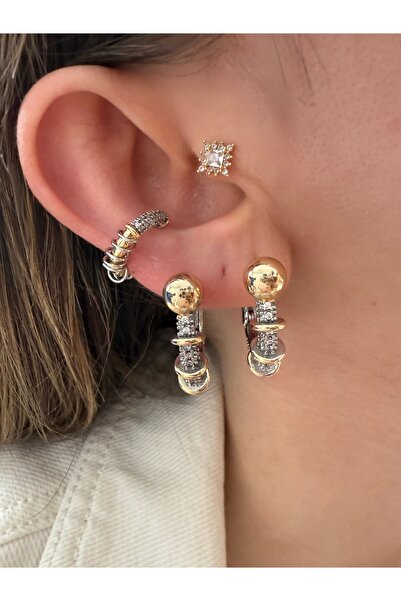 Pinery Jewels VIP SERİ - Çift Renk Sıralı Zirkon Taşlı Küpe Çifti