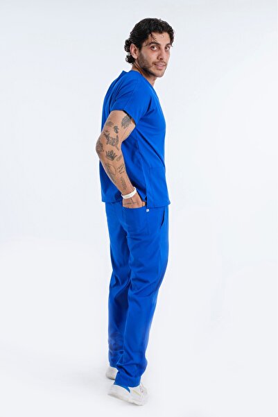 LİZY STORE Saks Blue Classic Men's Bat Sleeve Uniform Suit Scrubs Doctor Nurse Uniform Suit