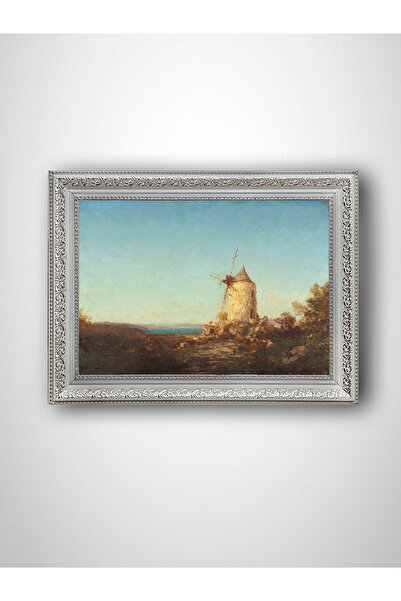 WoodyArts Moara de vânt și Apus de soare - Cadru alb vintage