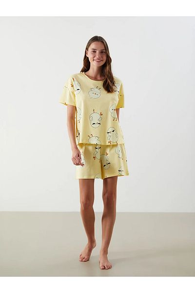 LC Waikiki Pastel Yellow Printed Lcw Young Sari Crew Neck Printed Women's Shorts Pajama Set