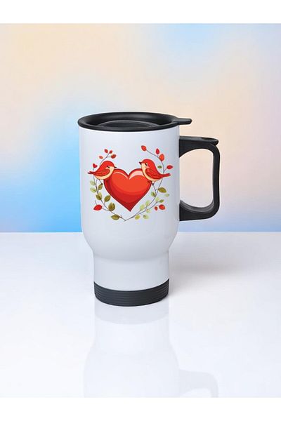 lili hediyelik Heart Bird Printed Steel Cup Thermos with Handle 450 ml