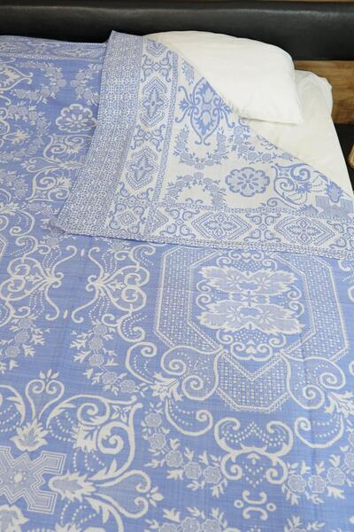 Defne&Apollon İpekçilik 100% Cotton Hand-Woven Floral Patterned Pique 190 X 230 cm - Light Blue