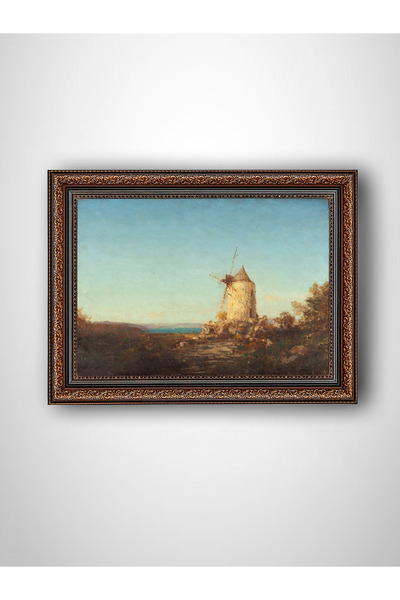 WoodyArts Moara de vânt și Apus de soare - Cadru vintage maro