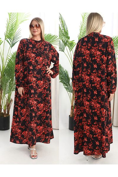 AKŞEN GİYİM Plus Size 100% Cotton Side Pockets Flower Printed Sleeves Elastic Half Button Long Dress