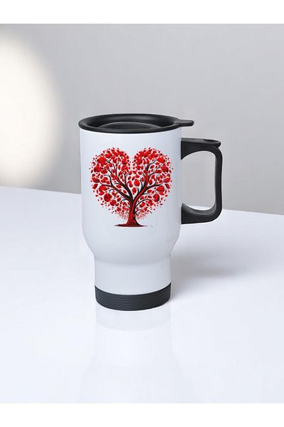 lili hediyelik Heart Red Tree Printed Steel Cup Thermos with Handle 450 ml