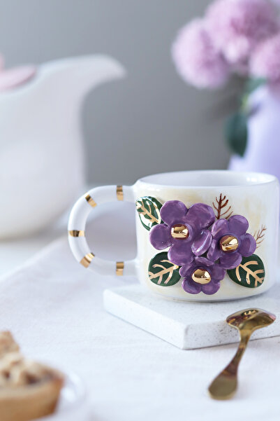 ada mia seramik Handmade Flower Figured 24K Gold Decorated Ceramic Mug 200ml