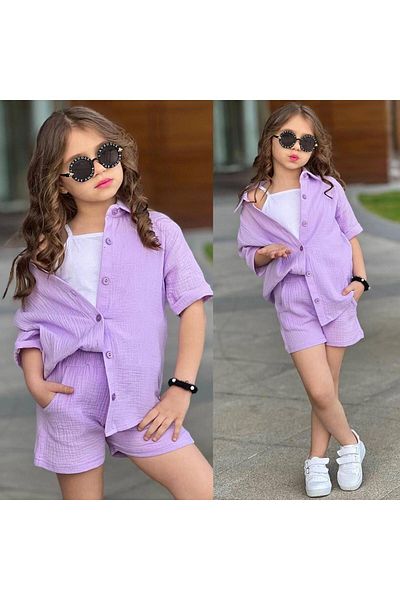 RAPAPA Girl's Half Sleeve Shirt + Shorts Muslin Set 7001 Lila