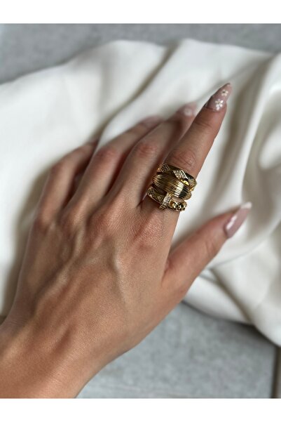 İREM YILDIZ Gold Zirkon Taş Detaylı Çelik Yüzük