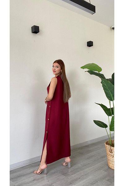 modadagiyim Rochie midi din in, fără mâneci, cu nasturi laterale și fante, foarte elegantă