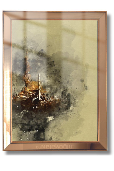 byMelekoğlu İstanbul Silüeti Camii Görseli Gold Aynalı Cam Baskı Çerçeveli Tablo