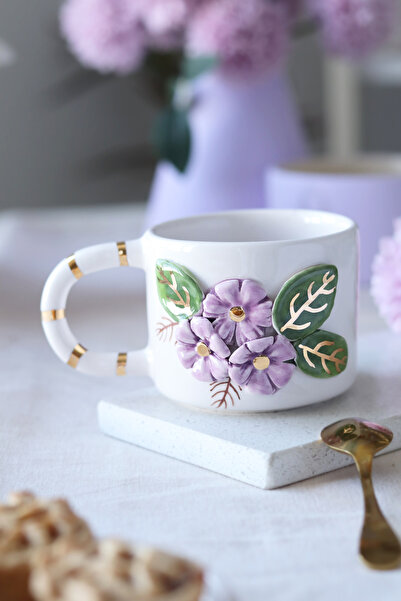 ada mia seramik El Yapımı Çiçek Figürlü 24K Altın Dekorlu Seramik Mug 200ml