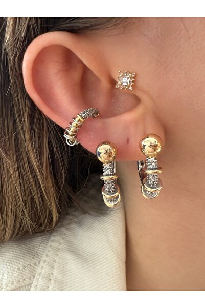 Pinery Jewels VIP SERİ - Çift Renk Sıralı Zirkon Taşlı Küpe Çifti