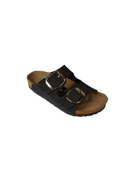Yaz Kış Ayakkabı Yazkiş Women's Black White Mink Matte Skin Double Gold Buckle Cork Sole Slippers