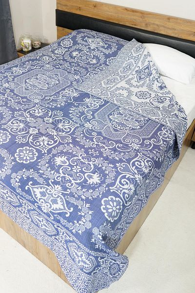 Defne&Apollon İpekçilik 100% Cotton Hand-Woven Floral Patterned Pique 190 X 230 cm - Blue