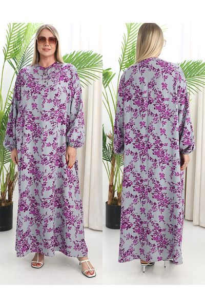 AKŞEN GİYİM Plus Size 100% Cotton Side Pockets Flower Printed Sleeves Elastic Half Button Long Dress