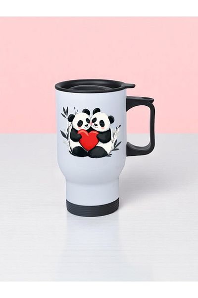 lili hediyelik Heart Panda Printed Steel Cup Thermos with Handle 450 ml