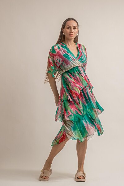 Vals BATİK DESENLİ YARIM KOL V YAKA İPEK ELBİSE