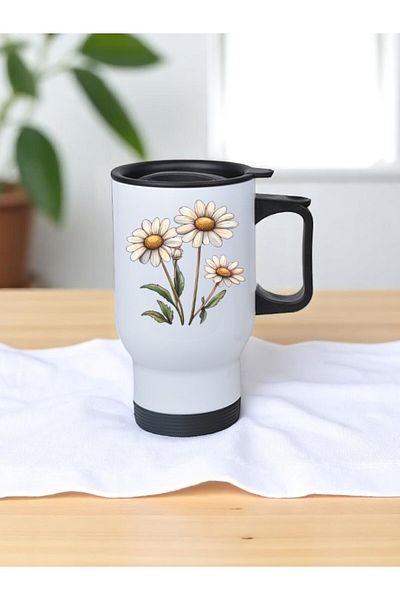 lili hediyelik Daisy Bunch Printed Steel Cup Thermos with Handle 450 ml