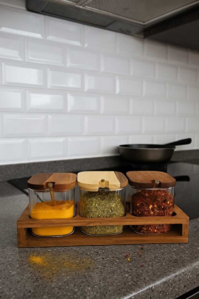 Pembishayatlar Acacia Stand 3-Piece Glass Spice Rack Set with Spoons Large Size