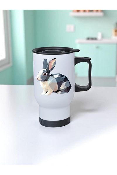 lili hediyelik Modern Rabbit Printed Steel Cup Thermos with Handle 450 ml