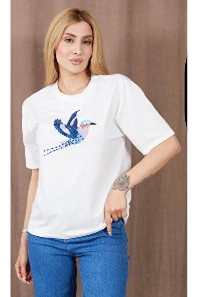zenne Kuş Desenli Taşlı Tshirt