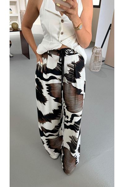 Sezgi Tekin Double Thread Detail Patterned Ecru Brown Palazzo Trousers